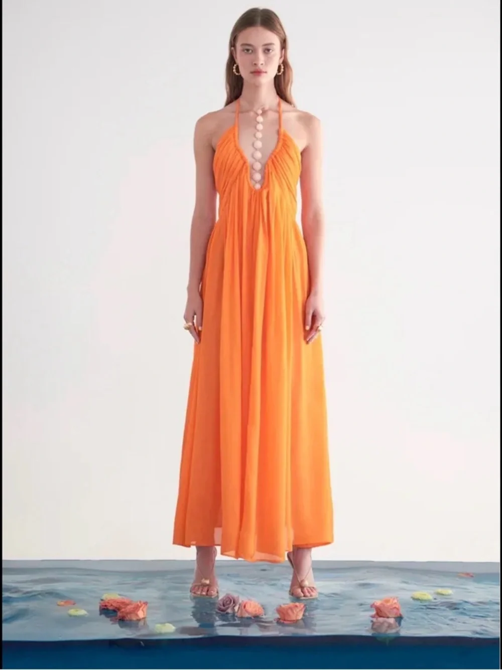 Cult Gaia PAPAYA Sloane Halter Dress Maxi Swim Cover-up Deep V Open Back Size M - Picture 2 of 13